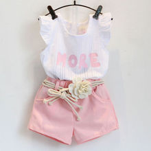 2015 New Baby Children clothes sets for girls Fly sleeve Flower Cotton shirt + shorts summer set sport