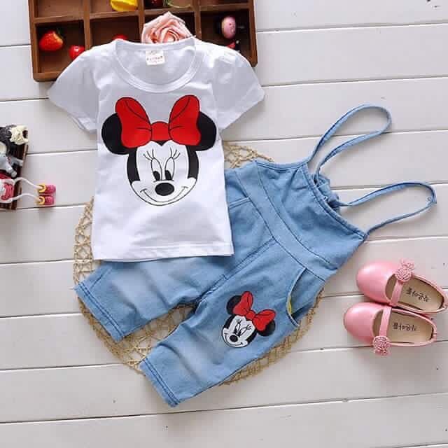 New 2015 girls short sleeve Mickey & Minnie t shirt + Denim overalls 2pcs set Children casual suit kids cotton fashion wear 5set