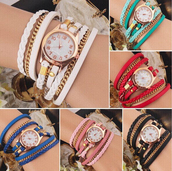 New Fashion Retro Vintage Colorful Multilayer Faux Leather Strap Band Wrap Women Bracelet Quartz Wrist Watch