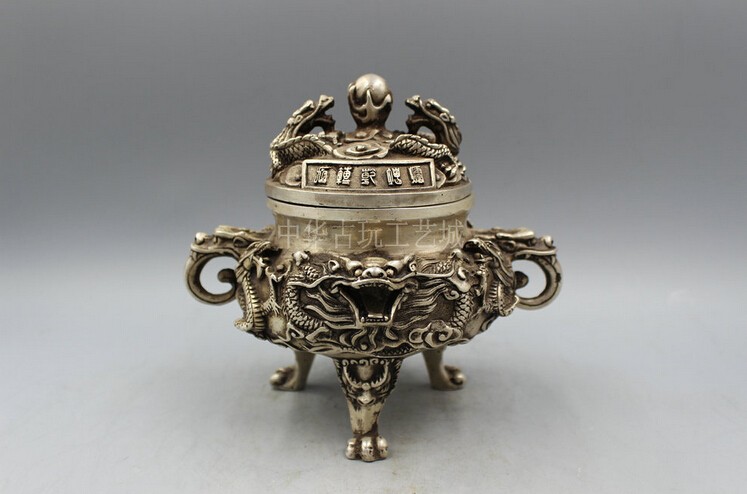 Collectible Old Handwork Tibet Silver Carved Tower Dragon Incense Burner 