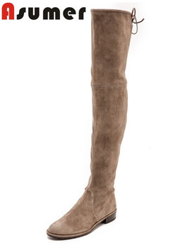 2016 высокое качество осень зима согреться натуральной кожи колен-высокие ботинки мода низком каблуке круглым носком ботинки женщин