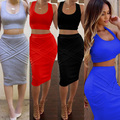 Womens Dress Two Piece Sleeveless Dresses Bodycon Crop Top Set Clubwear Party Dress