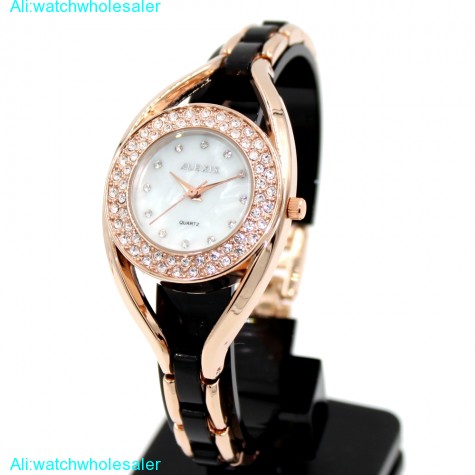 FW819G Rose Gold Tone Band White Dial Ladies ALEXIS Brand Crystal Bracelet Watch