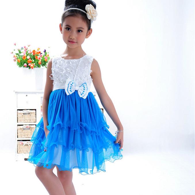 Girl Dress 2015 Summer New Design Baby Girl Dress Princess TuTu Dress Blue Infant Dresses Kids Clothing With Bow SKD001439
