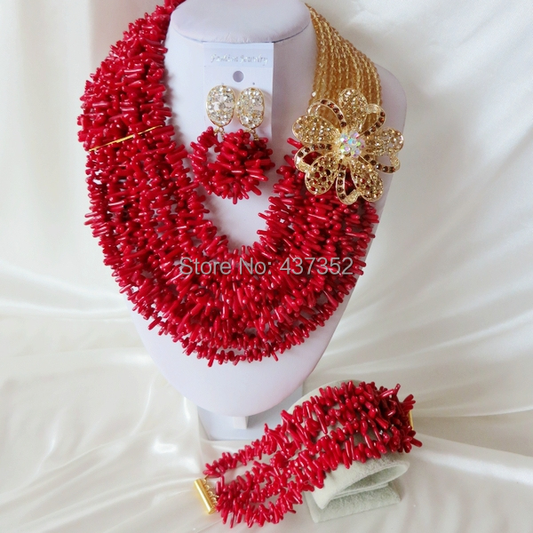 Handmade Nigerian African Wedding Beads Jewelry Set , Champagne Gold Crystal Coral Beads Necklace Bracelet Earrings Set CWS-415