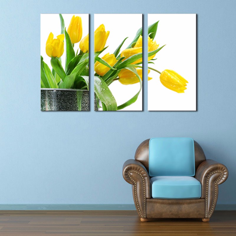 2021 3 Panels Wall Art Green Spring Flowers Yellow Tulip Painting On