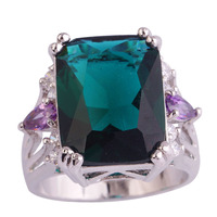 lingmei Cocktail Rings Huge Emerald Quartz Amethyst 925 Silver Ring Jewelry For Women Size 7 8 9 10 European Style Wholesale