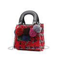 2016 New Woolen Fabric Small Square Bag Women Trendy Fashion Fur Balls Contrast Color Chain Shoulder