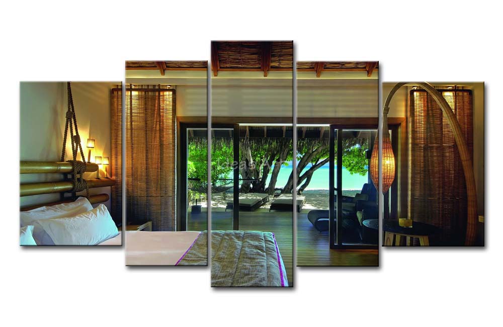 5-Piece-Wall-Art-Painting-Bed-Bamboo-Rope-Lights-Beach-Tree-Print-On-Canvas-The-Picture.jpg