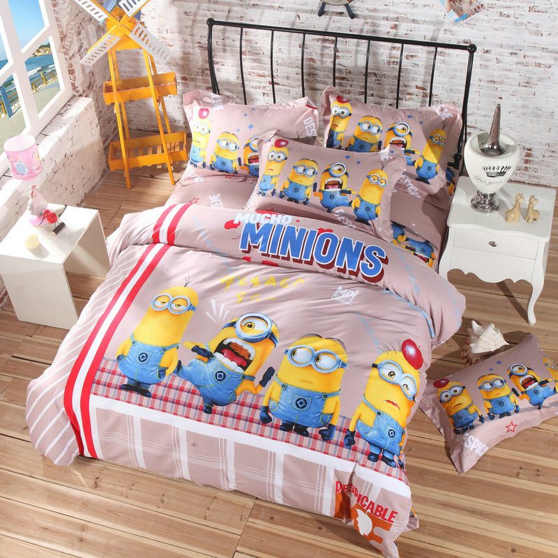 Home Textile Close Skin Cotton Cartoon Minion Bedding Set 3-4pcs Family Bed Linen Include Duvet Cover Flat Sheet Pillowcases