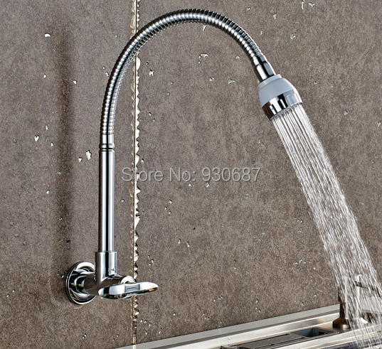 Wall Mount Swivel Spout Kitchen Sink Faucet Soild Brass Cold Water Tap