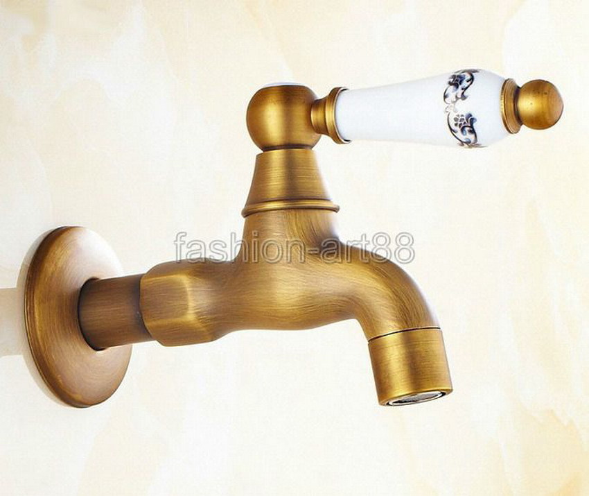 Antique Brass Single Ceramic Flower Pattern Handle Kitchen faucet wall mounted Laundry bathroom Mop Water Tap aav133