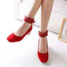 2016 Spring/Autumn plus size 30-52 women Ankle Strap shoes Sweet Buckle Strap ladies red wedding high heels zapatos mujer E1208