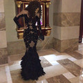 Luxury Black Feather Prom Dresses With Long Sleeves Sheer Champange Arabic Evening Gowns Real Tulle Mermaid