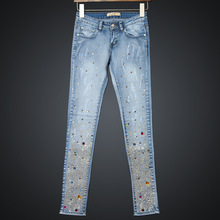 2015 Plus Size Fashion Slim straight Denim Jeans WOMEN Low Waist Rhinestones Sequined Ripped Pants Jeans
