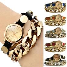 Mujeres de Punk oro Dial de cuero de imitación cadena analógico de cuarzo reloj de la pulsera 0SBF
