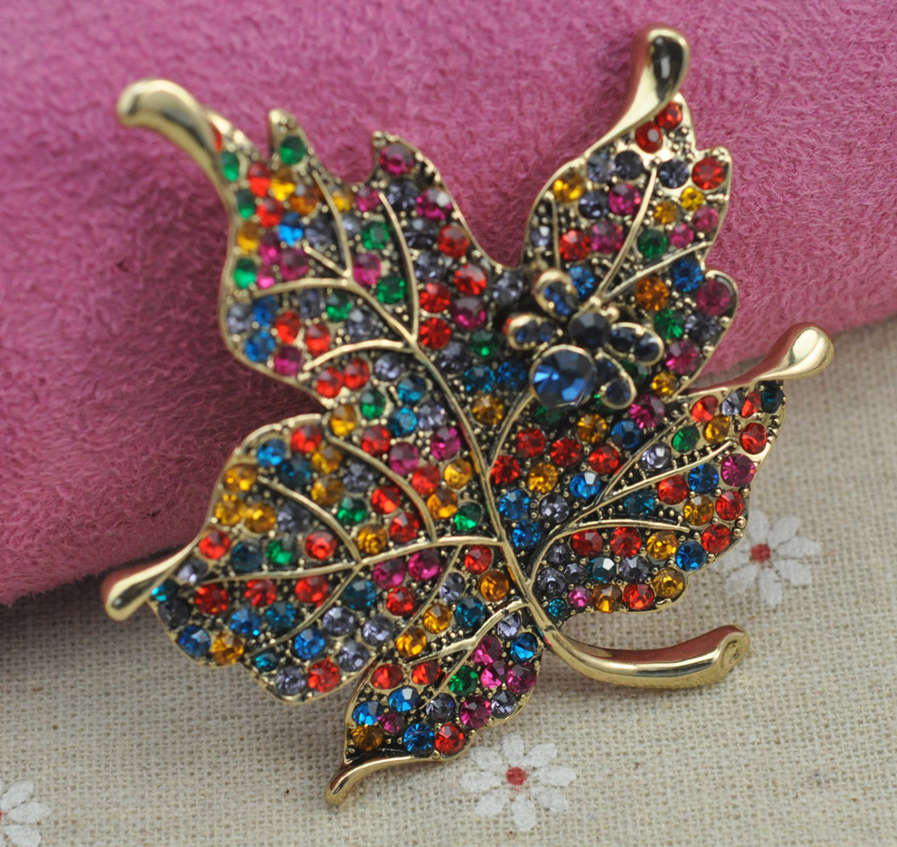 Multi Color Crystal Rhinestone Maple Leaf Brooch Pin Plant Costume Jewelry For Women