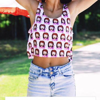 Elina 2015 women summer bustier head girl print short emoji crop top blusa de renda strapless femme women\'s clothing s m l xl
