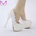 Free Shipping White Lace Bride Shoes Evenign Prom Bridal Dress Shoes 14cm High Heels Platform Bridesmaid