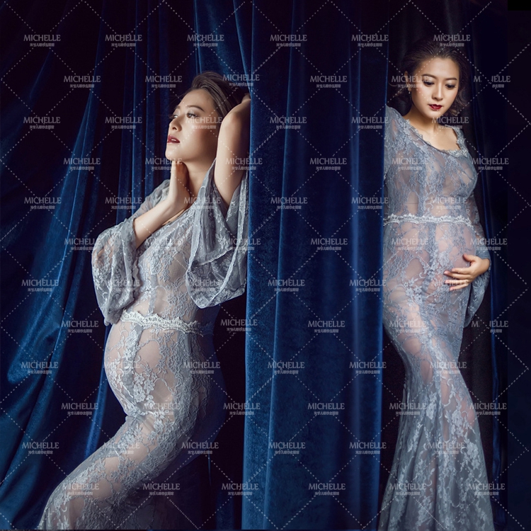 Maternity Pregnant women Photography Props Beautiful Long trailing Lace Fairy Dress Princess Photo Shoot See-through Romantic