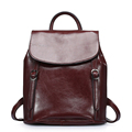 Women Fashion Solid Color Plain Genuine Leather Backpack Belt Buckle Ornament Simple Large Capacity Casual Backpack