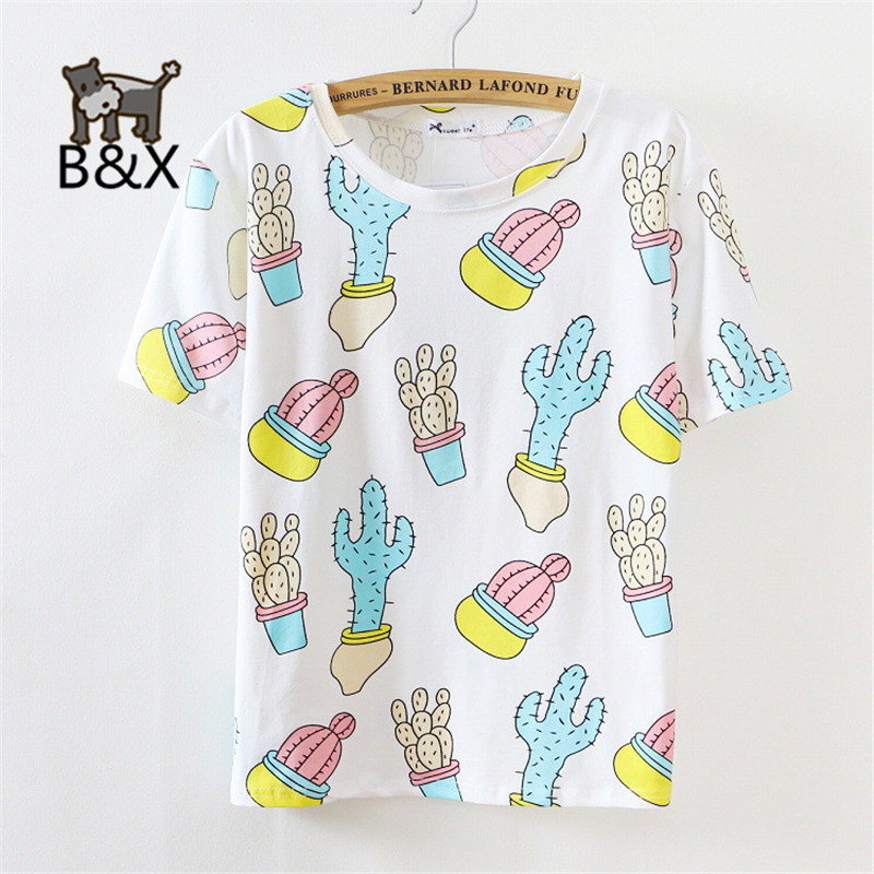 Women cactus print T shirt 2015 High quality  short sleeve shirts casual camisas fashion tops