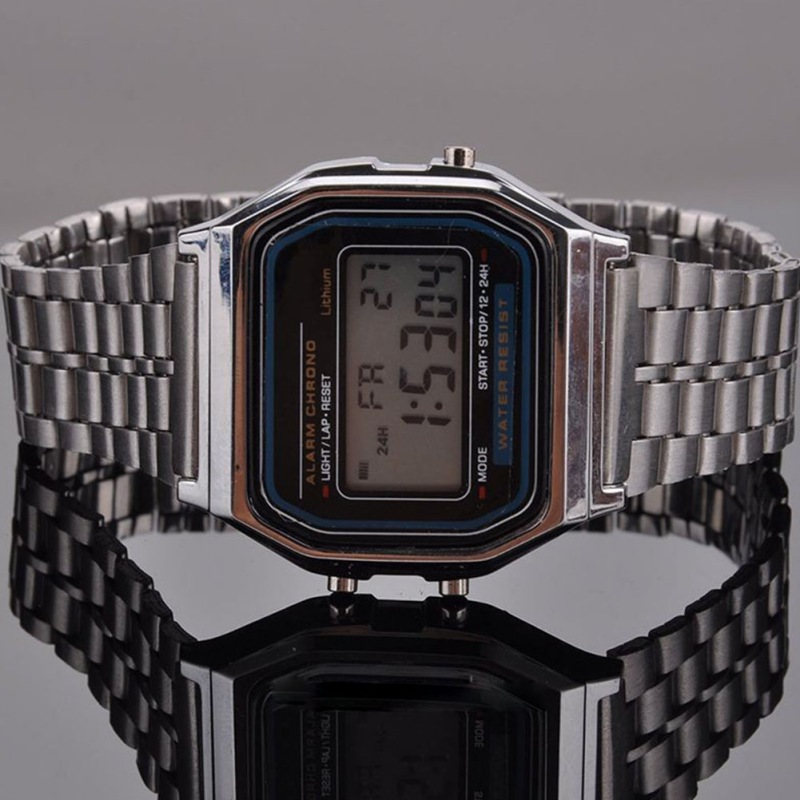 Retro Womens Men Stainless Steel LED Digital Alarm Clock Stopwatch Men s Wrist Square Watch