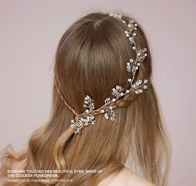 Ribbon Crystal and Pearls Golden Wedding Headband Bridal Headpiece Hair Vine