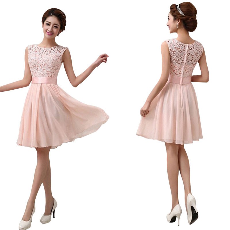Cute Pink Chiffon Lace dresses short 2016 Vestidos De Formatura Wedding Party Bridesmaid Wear Prom Short lace Dresses Plus size (3)