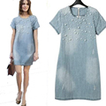 2015 Women Denim Short-Sleeved Loose Dress Beaded Denim Fashion Pearl Vestidos Plus Size LL019