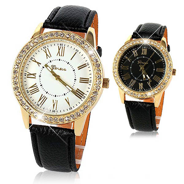 Women Bling Crystal Faux Leather Analog Quartz Wrist Watch Charm Watch