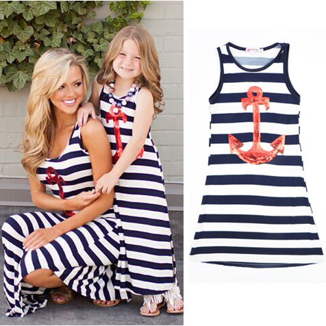 Brand New Girl Casual Long Sleeve Anchor striped mother and daughter dress Family matching clothes mommy