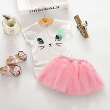 2016 Summer New Girls Dress Suit Short Sleeved T Shirts Dress Suits Fashion Cat Design Cute Baby Girls Summer Cool Clothing Sets