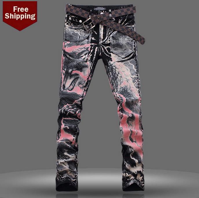 Фотография Spring fashion black red wolf 3D dance biker jeans men pant man denim trousers personalized modern urban straight famous brand