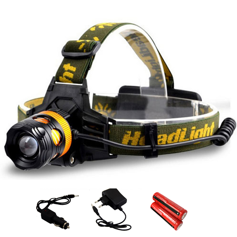 Waterproof LED Head Light Headlamp 2 LEDs LED Headlight Blue/Yellow Fishing Flashlight Torch Head Lamp + Charger + 18650 Battery