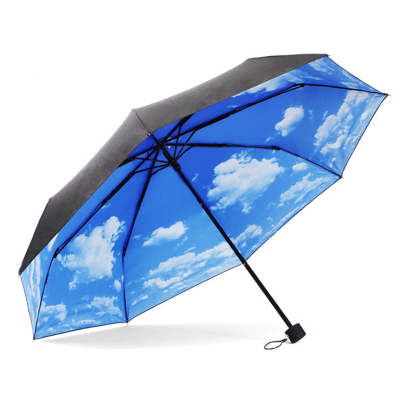 The Super Anti-uv Sun Protection Umbrella,3 fold umbrella rain women blue sky vinyl folding parasol beach vault