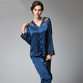SSH037 Spring Autumn Women Satin Silk Pajama Set Sleepcoat Sleep Pant High Quality Lady Nightdress Female