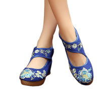Ballerinas Shoes Women Height Increasing Chinese Dancing Shoes Oxford Sole Blue Flowers Old Beijing Cloth Shoes Footwear Casual