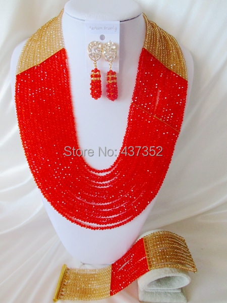 Lovely Beads 22'' Long 16 layers Champagne Gold and Red Crystal Nigerian Beads Necklaces African Wedding Beads Jewelry Set NC018