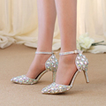 Pointed Toe Rhinestone Shoes Summer Sandals Ankle Straps Lady Kitten Heel Shoes AB Crystal Wedding Party