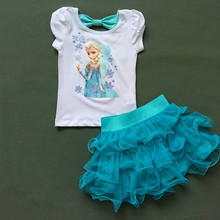 2015 Girls Princess Elsa Dress + T shirt 2 Pcs Set 3-8Age Sky Blue Layered Tutu Dress Sets