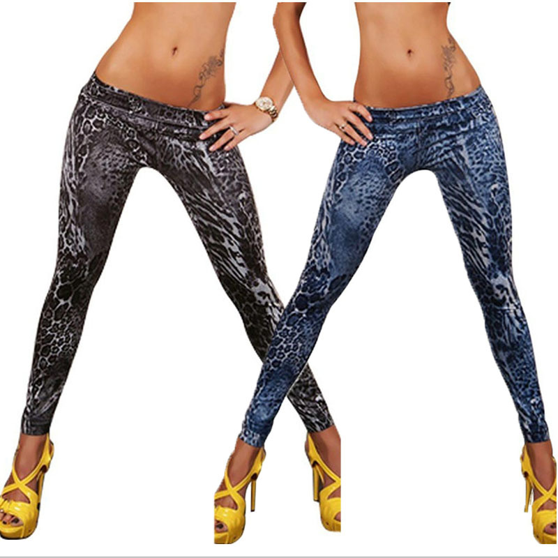   leopard print   ladies  sexy blue and black denim faux jean legging pants slim jeggings le9057
