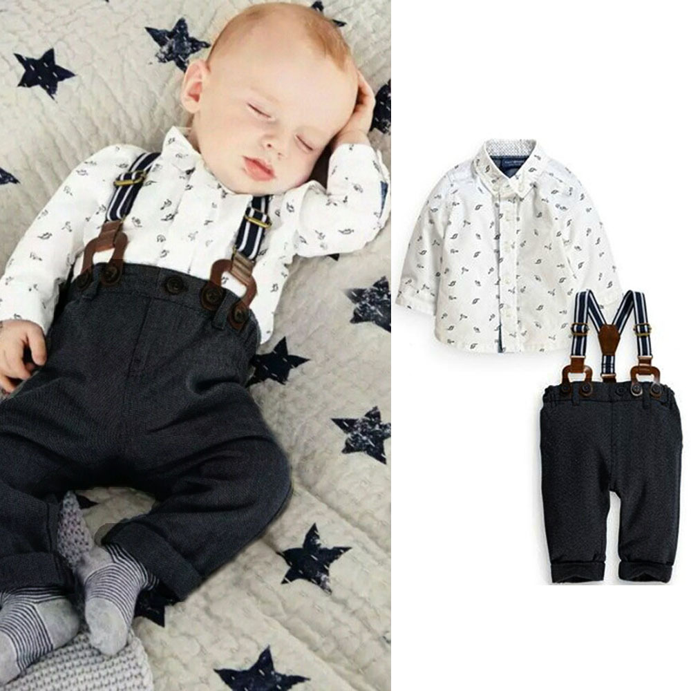 2Pcs Set Outfit Baby Boy Clothes Sets Toddler Shirt Top+Bib Pants Overall Costume Kids Clothing Set for 3M-2Y Free Shipping