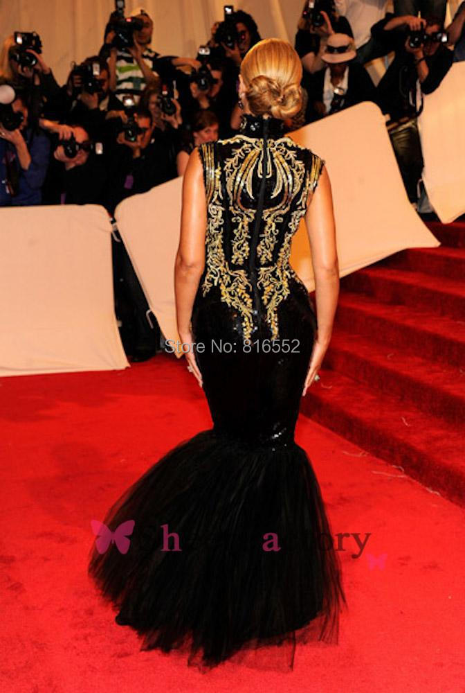 2014 Beyonce MET Gala Evening Dress With Hot Sexy Black High Neck Gold Embroidery Beaded Mermaid Custom made Celebrity Dresses Evening Gowns (4).jpg