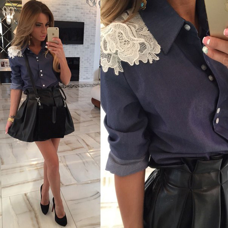 2015 Women Blouses Casual Lace Floral Shirts Casual Blouse Plus Size blue Summer Style 