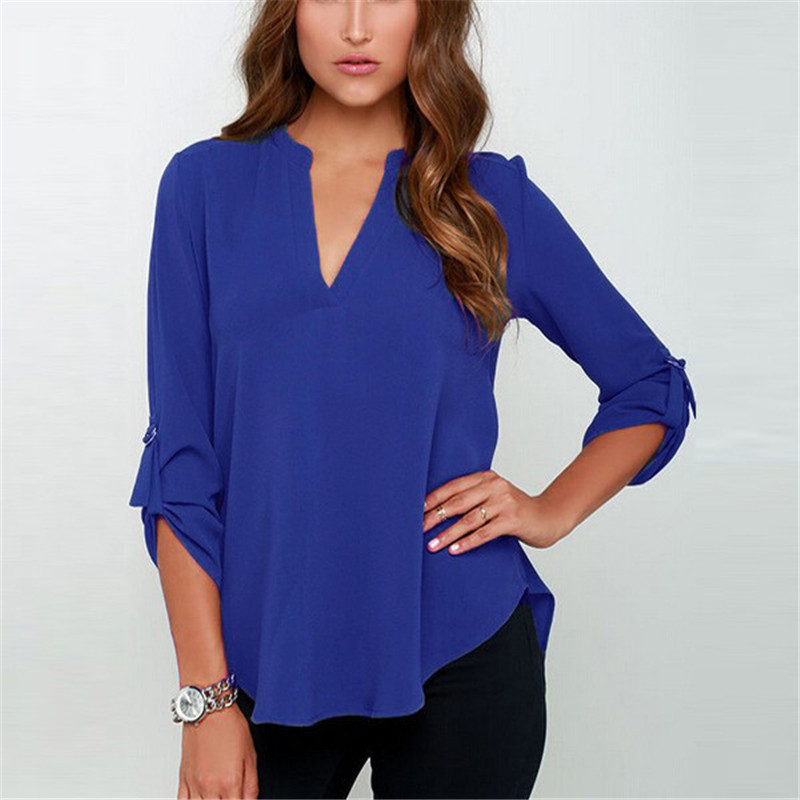 Zanzea 2018 Spring Women V Neck Chiffon Blouse Tops Fashion OL Style Fold Long Sleeve Casual Gray Blouses Plus Size Blusas Shirt aeProduct.getSubject()