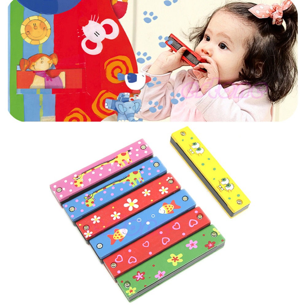 Free Shipping 1PC Wooden Painted Harmonica Children Kids Musical Instrument Educational Music Toy