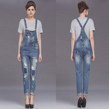 Women Jumpsuit Denim Overalls 2016 New Casual Ripped Hole Shadow Wash Loose fit Ripped Jeans good washing with buckels