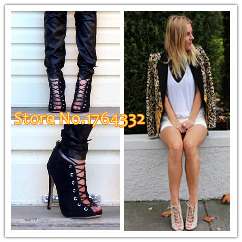2015 Free Shipping spring summer style bootie Sexy Black Lace-Up Stiletto High Heels Ankle Boots Fashion Peep Toe Dress Shoes