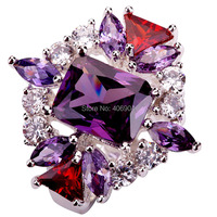 Wholesale New Fashion Jewelry Unisex Emerald Cut Amethyst Garnet White Topaz 925 Silver Ring Size 6 7 8 9 Free Shipping